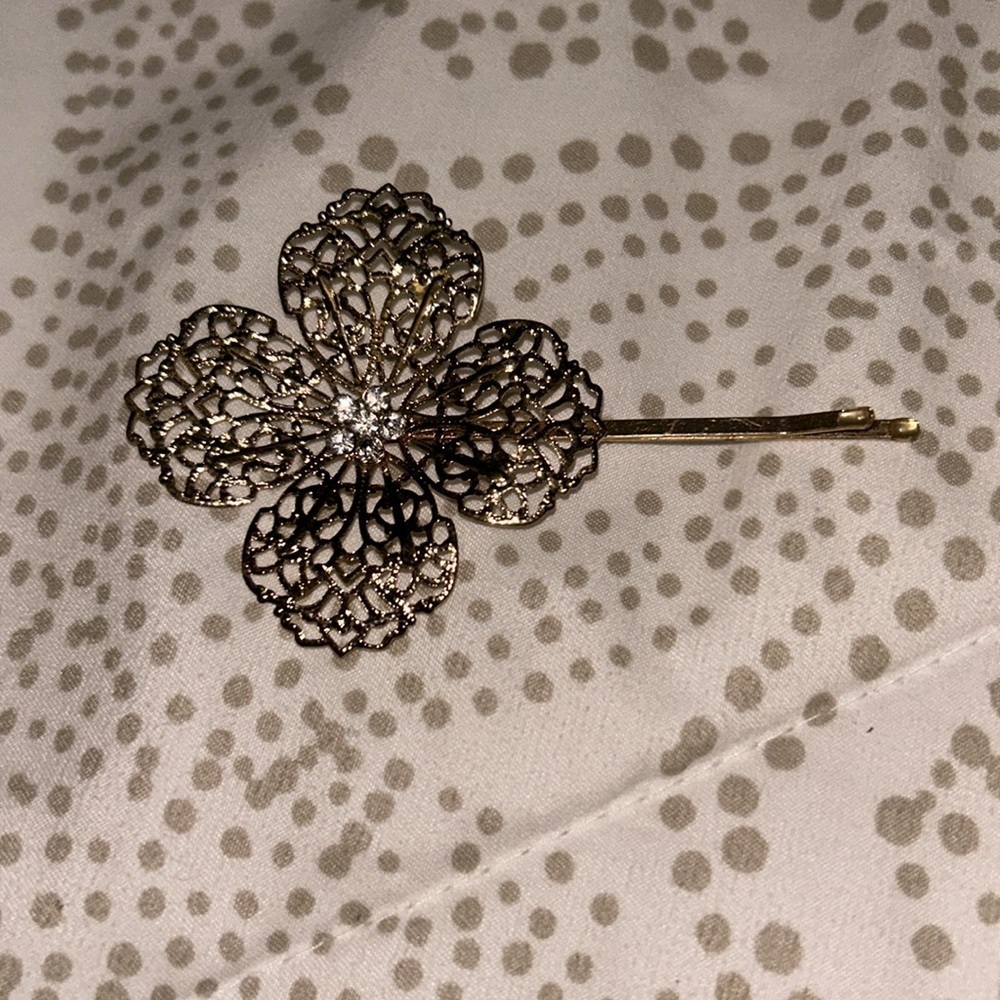 Lacy Gold Flower Bobby or Hair Pin Pair, Vintage, Rhinestone Center